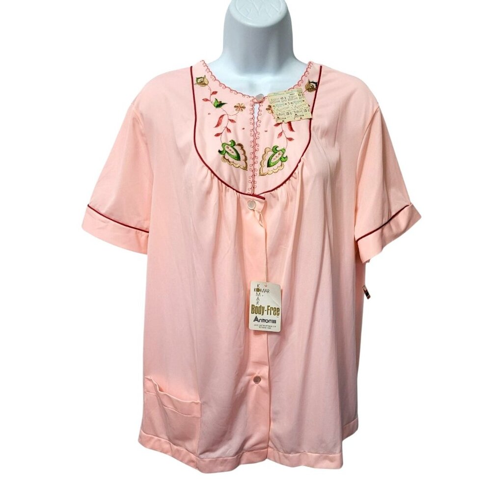 Komar Pajama Set Womens Sz 40 Vintage Button Antron‎ Nylon Embroidered USA Sleep